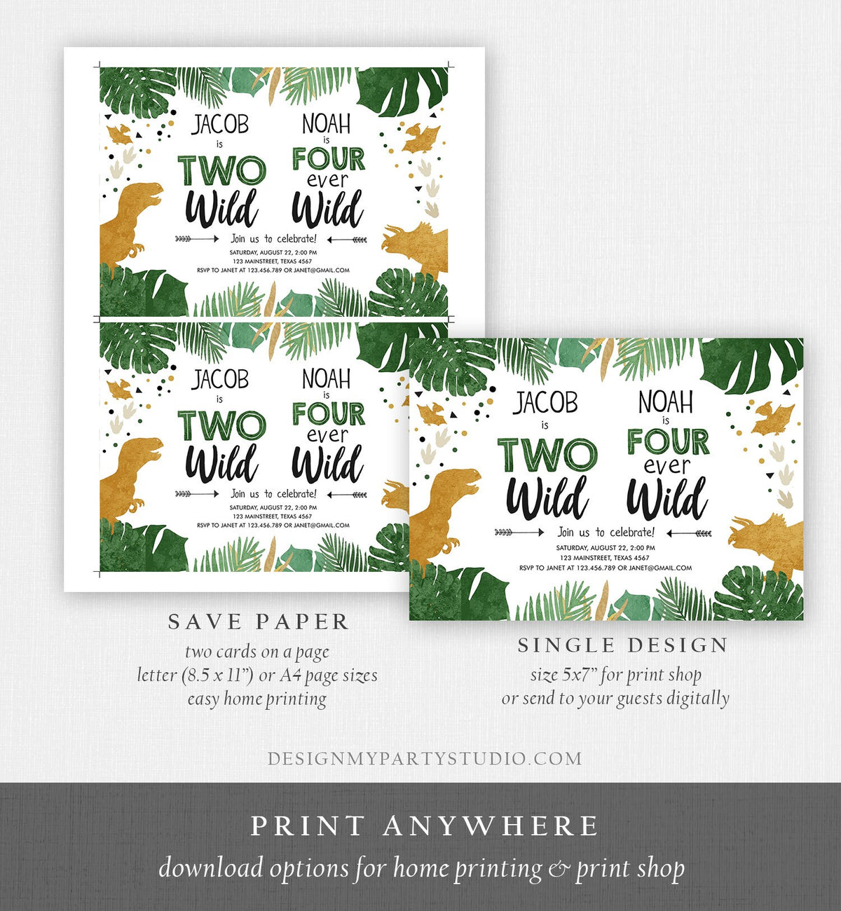 Editable Two Wild Four Ever Wild Dino-Four Dinosaur Birthday Invitation Dino T-Rex Second Fourth Boy Joint Party Gold Corjl Template 0146