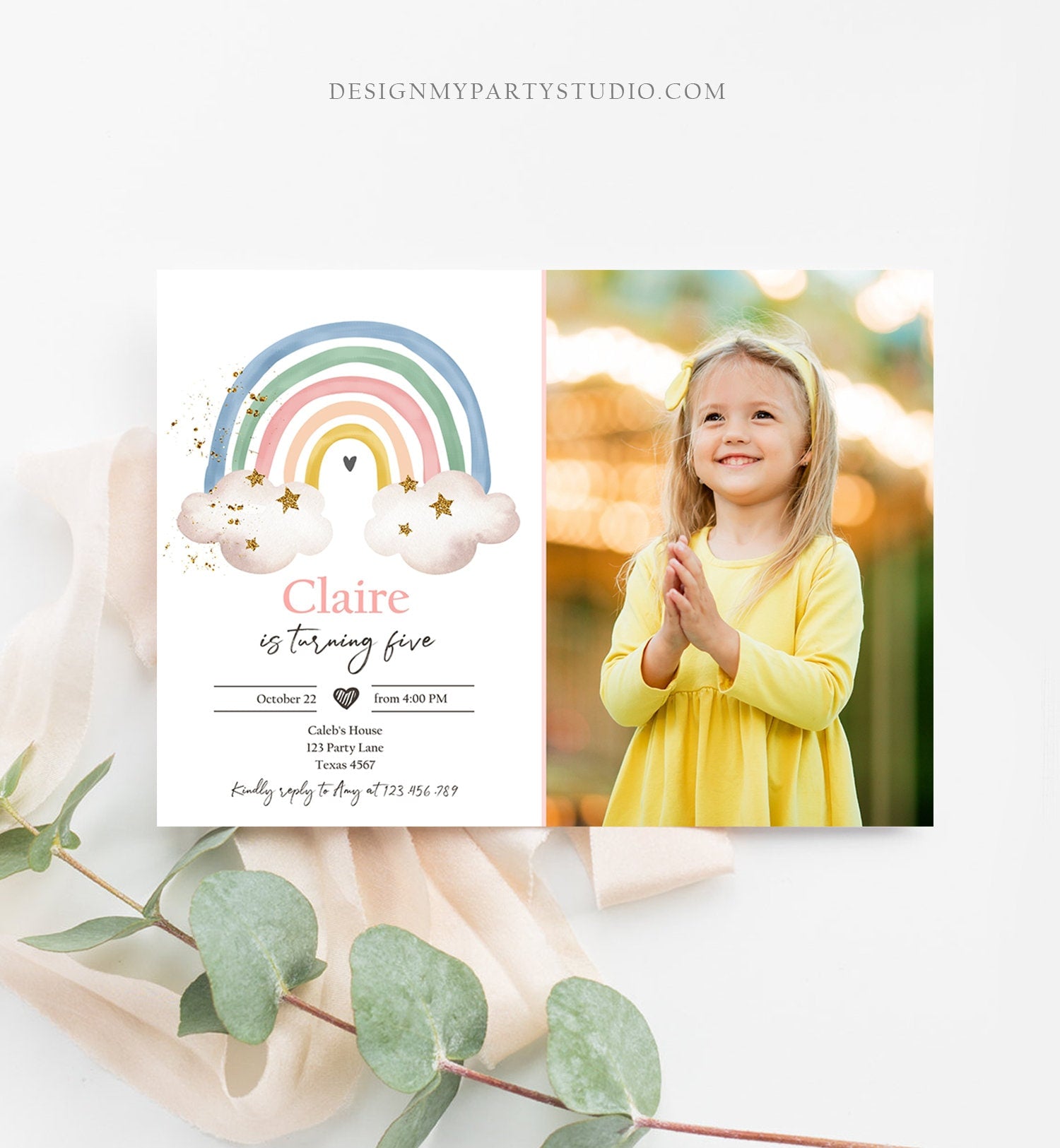 Editable Rainbow Birthday Invitation Pastel Rainbow Invite Girl Over The Rainbow Party Modern Boho Printable Download Corjl Template 0387