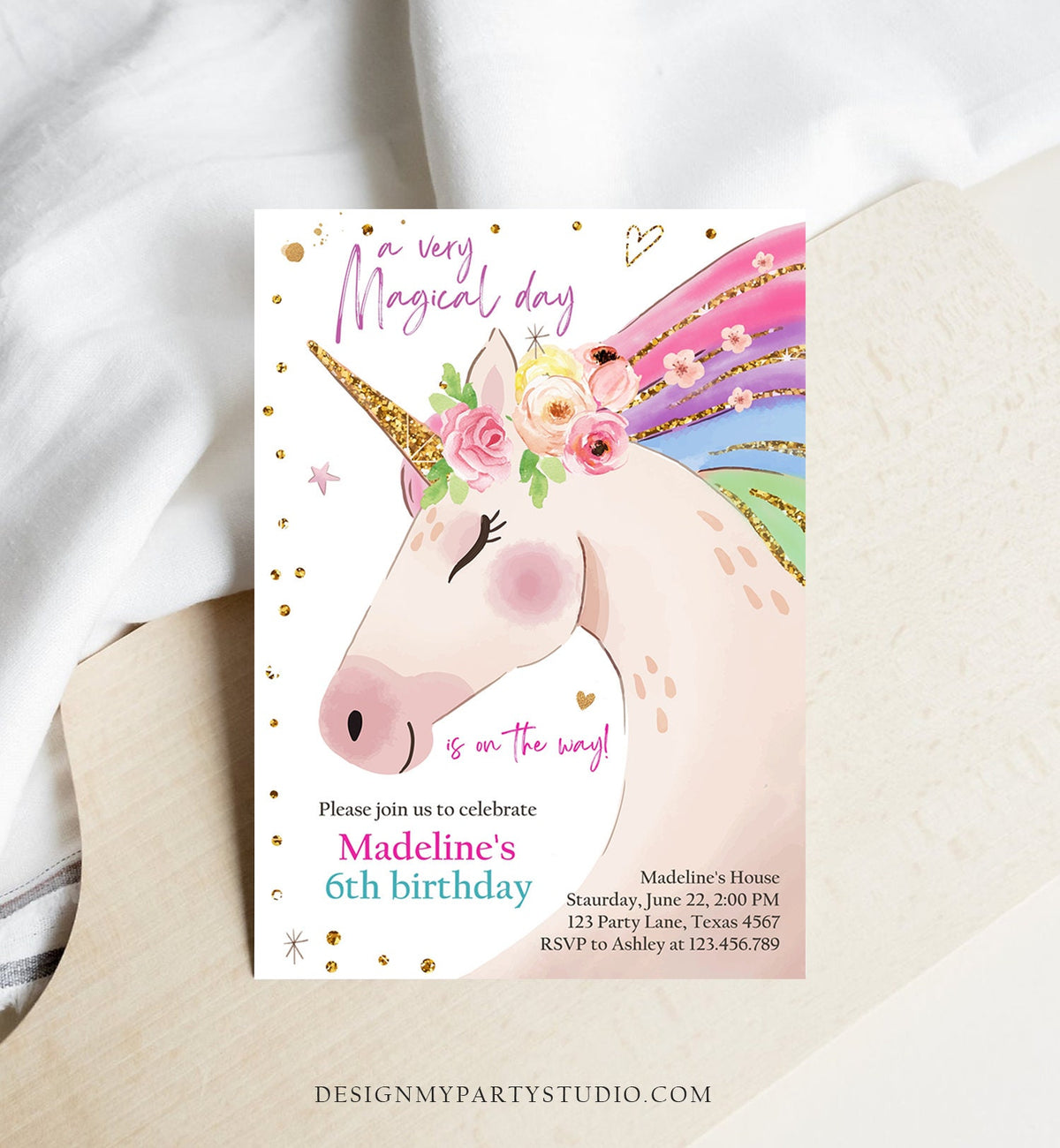 Editable Unicorn Invitation Unicorn Birthday Invitation Magical Unicorn Party Girl Pink Gold Rainbow Printable Corjl Template Digital 0411