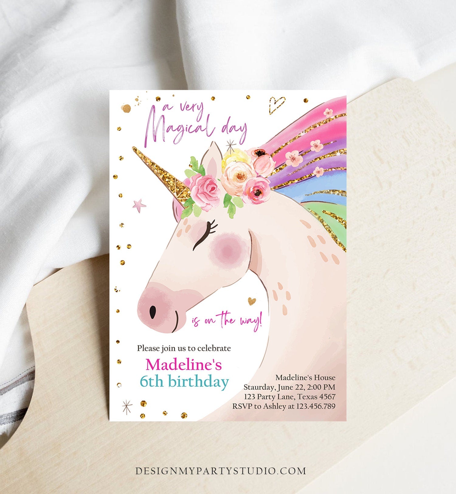 Editable Unicorn Invitation Unicorn Birthday Invitation Magical Unicorn Party Girl Pink Gold Rainbow Printable Corjl Template Digital 0411