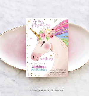 Editable Unicorn Invitation Unicorn Birthday Invitation Magical Unicorn Party Girl Pink Gold Rainbow Printable Corjl Template Digital 0411