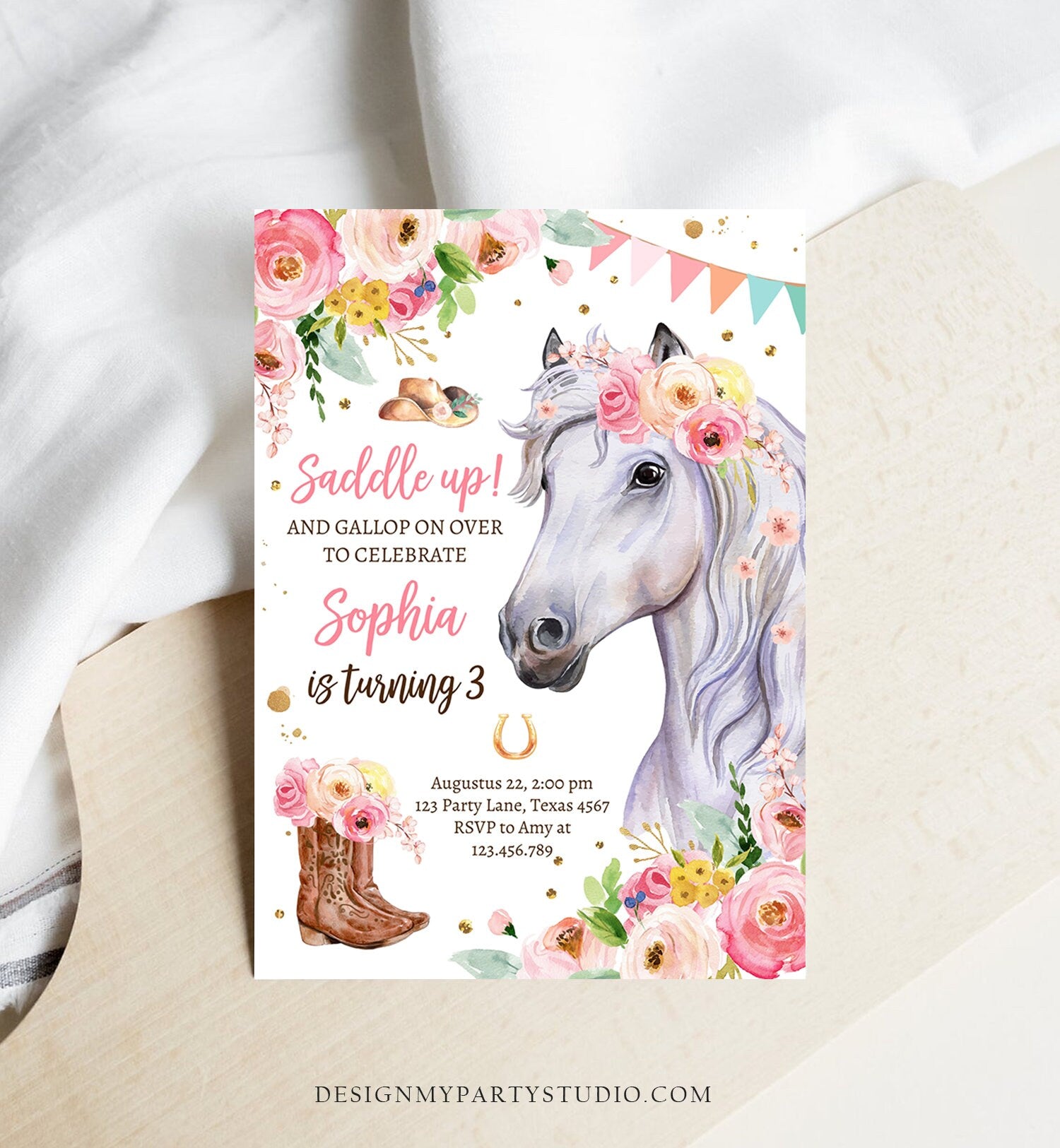 Editable Horse Birthday Invitation Girl Saddle Up Watercolor Cowgirl Party Horse Invite Pink Floral Download Printable Template Corjl 0408