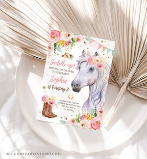 Editable Horse Birthday Invitation Girl Saddle Up Watercolor Cowgirl Party Horse Invite Pink Floral Download Printable Template Corjl 0408