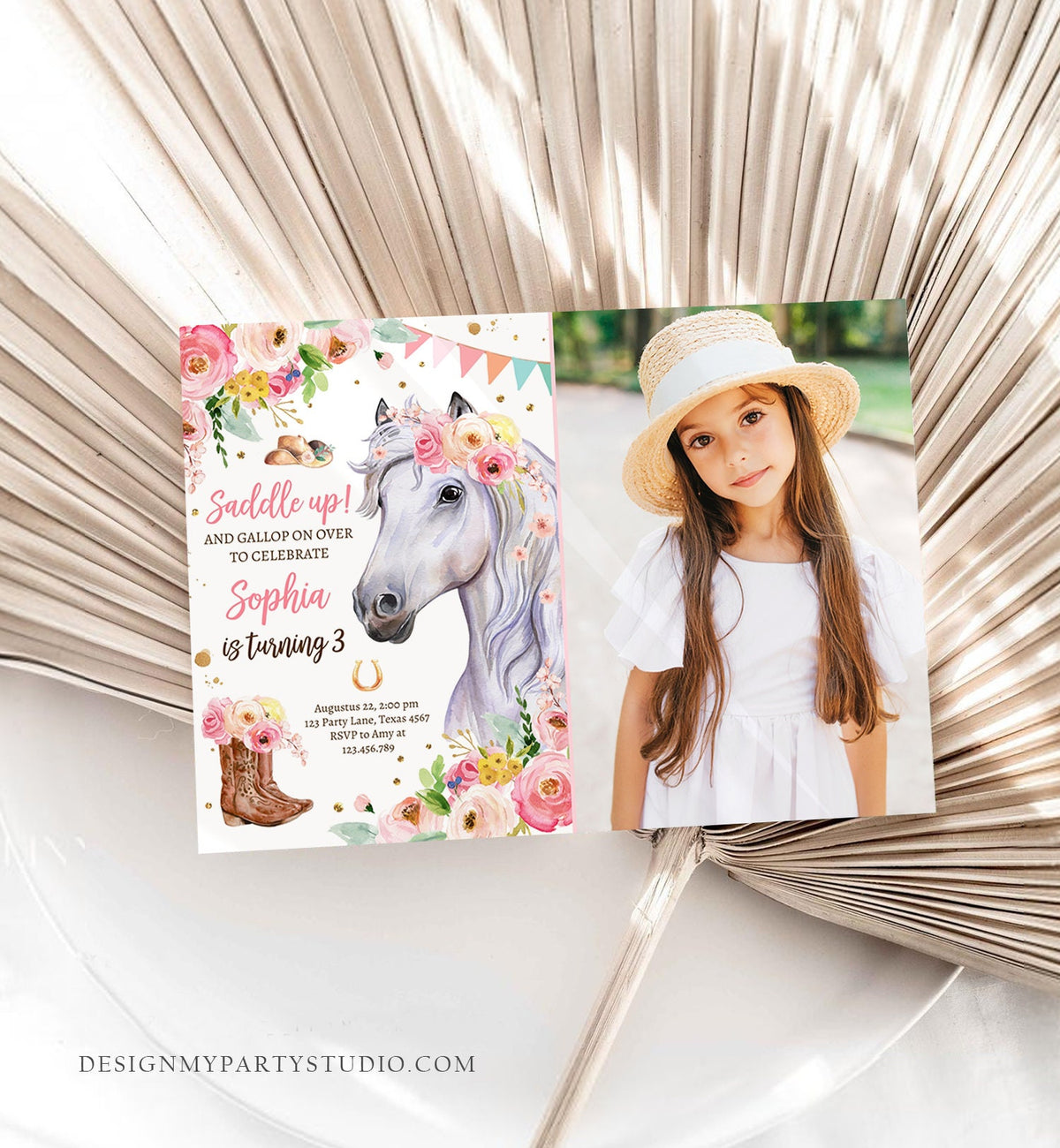 Editable Horse Birthday Invitation Girl Saddle Up Watercolor Cowgirl Party Horse Invite Pink Floral Download Evite Template Printable 0408