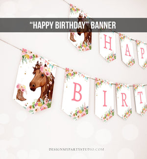 Happy Birthday Banner Horse Birthday Banner Saddle Up Watercolor Cowgirl Party Girl Pony Birthday Decor Download PRINTABLE DIGITAL DIY 0408