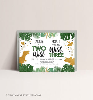 Editable Two Wild Young Wild and Three Dinosaur Birthday Invitation Dino T-Rex Second Third Boy Siblings Joint Gold Corjl Template 0146