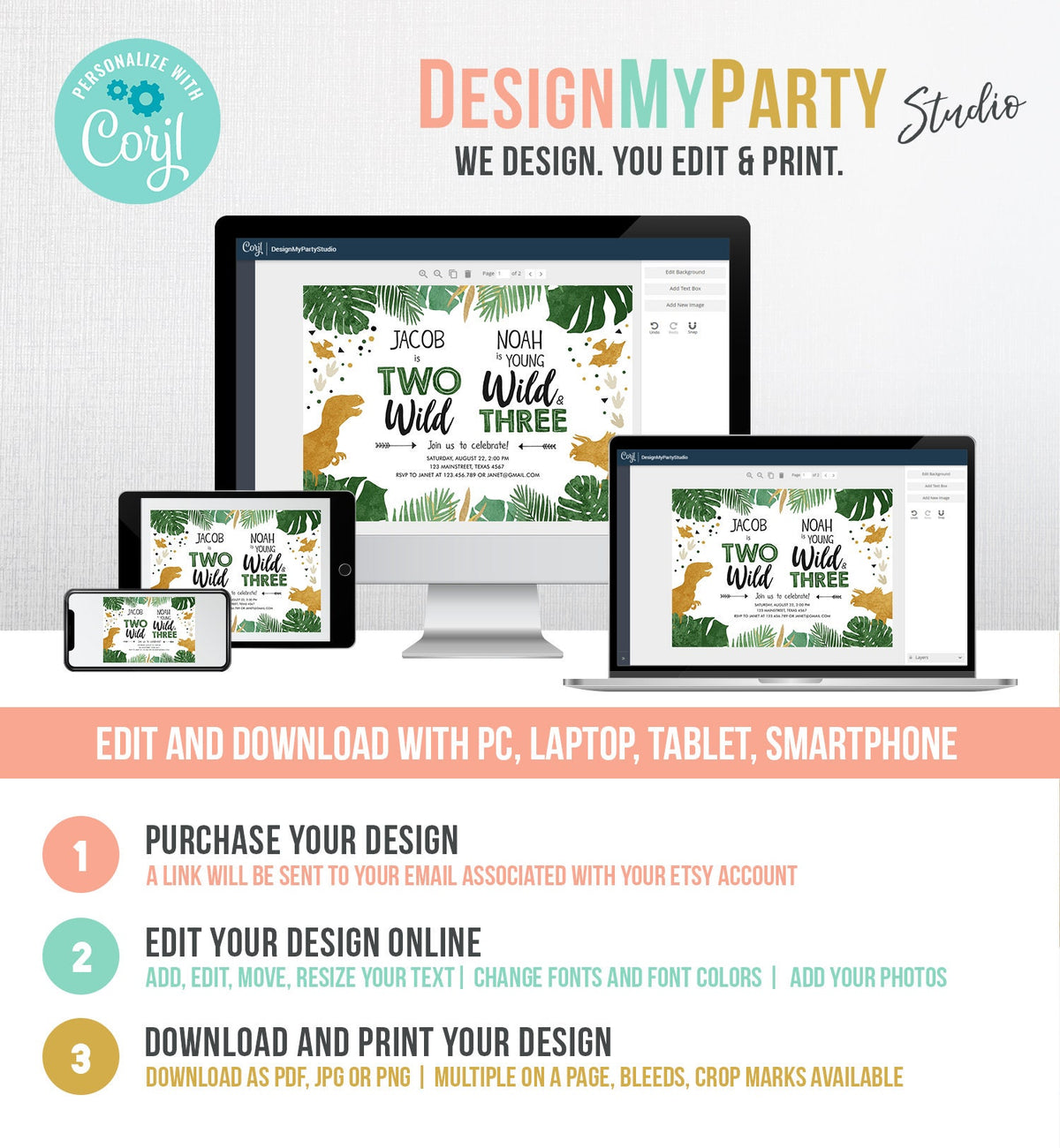 Editable Two Wild Young Wild and Three Dinosaur Birthday Invitation Dino T-Rex Second Third Boy Siblings Joint Gold Corjl Template 0146