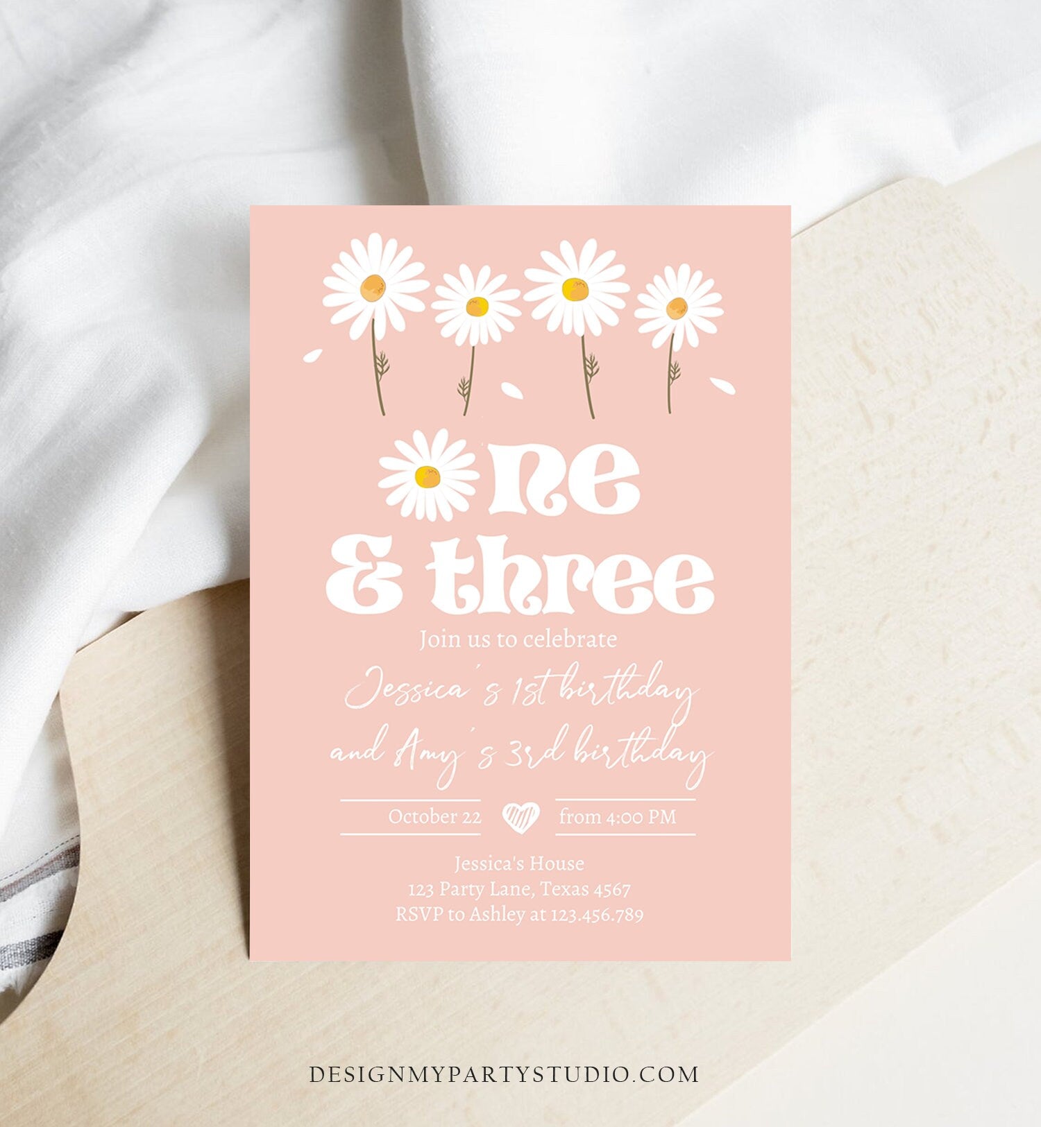 Editable Daisy Birthday Party Invitation 1st Birthday One and Three Party Boho Girl Sisters Download Printable Template Corjl Digital 0410