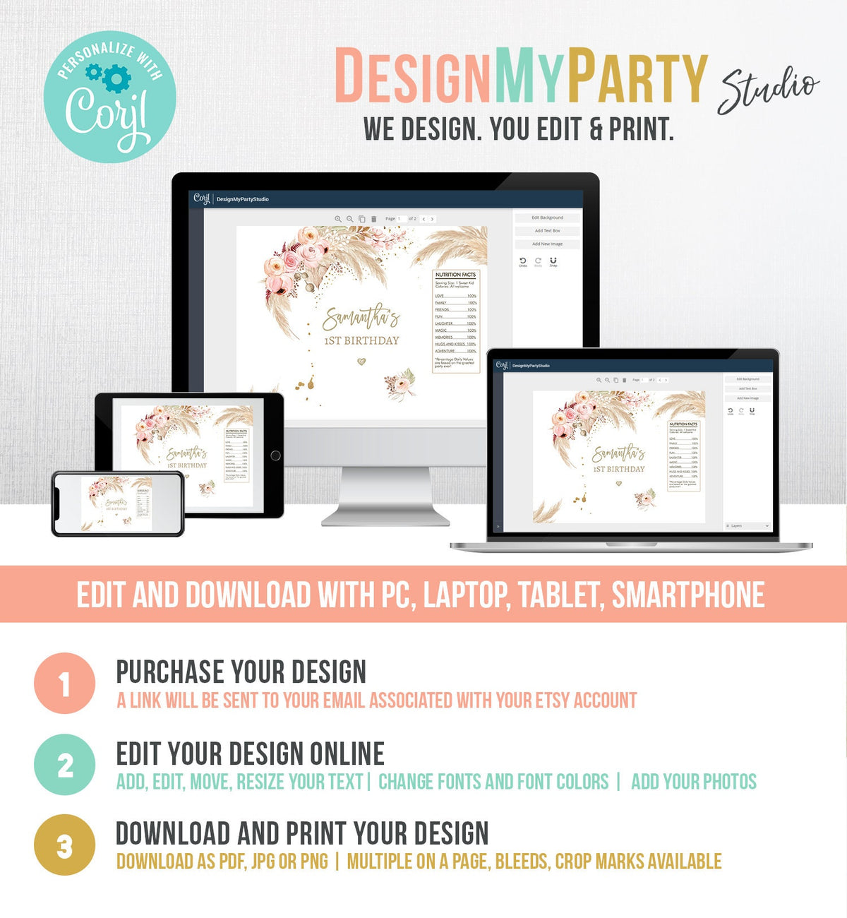 Editable Pampas Grass Chip Bag Boho 1st Birthday Party Decor Girl Birthday Pampas Grass Snack Favors Floral Digital Template Printable 0395