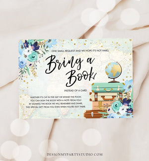 Editable Travel Bring a Book Card Baby Shower Books for Baby Adventure Floral Journey Begins Suitcases Blue Corjl Template Printable 0030