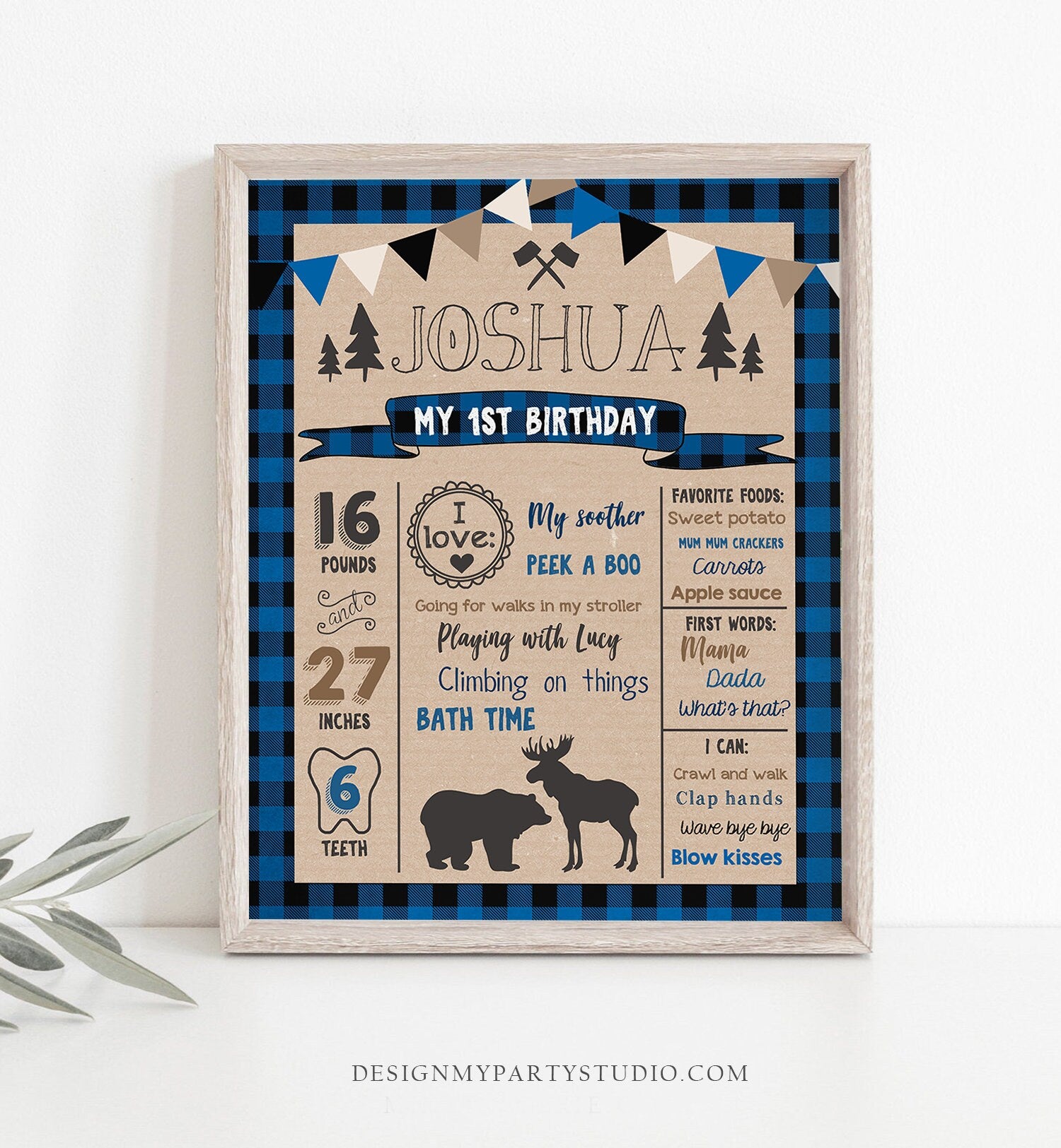 Editable Lumberjack Birthday Milestones Sign Poster Boy First Birthday 1st Dark Navy Blue Black Plaid Woodland Bear Corjl Template 0026
