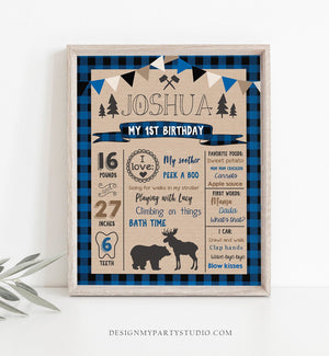 Editable Lumberjack Birthday Milestones Sign Poster Boy First Birthday 1st Dark Navy Blue Black Plaid Woodland Bear Corjl Template 0026