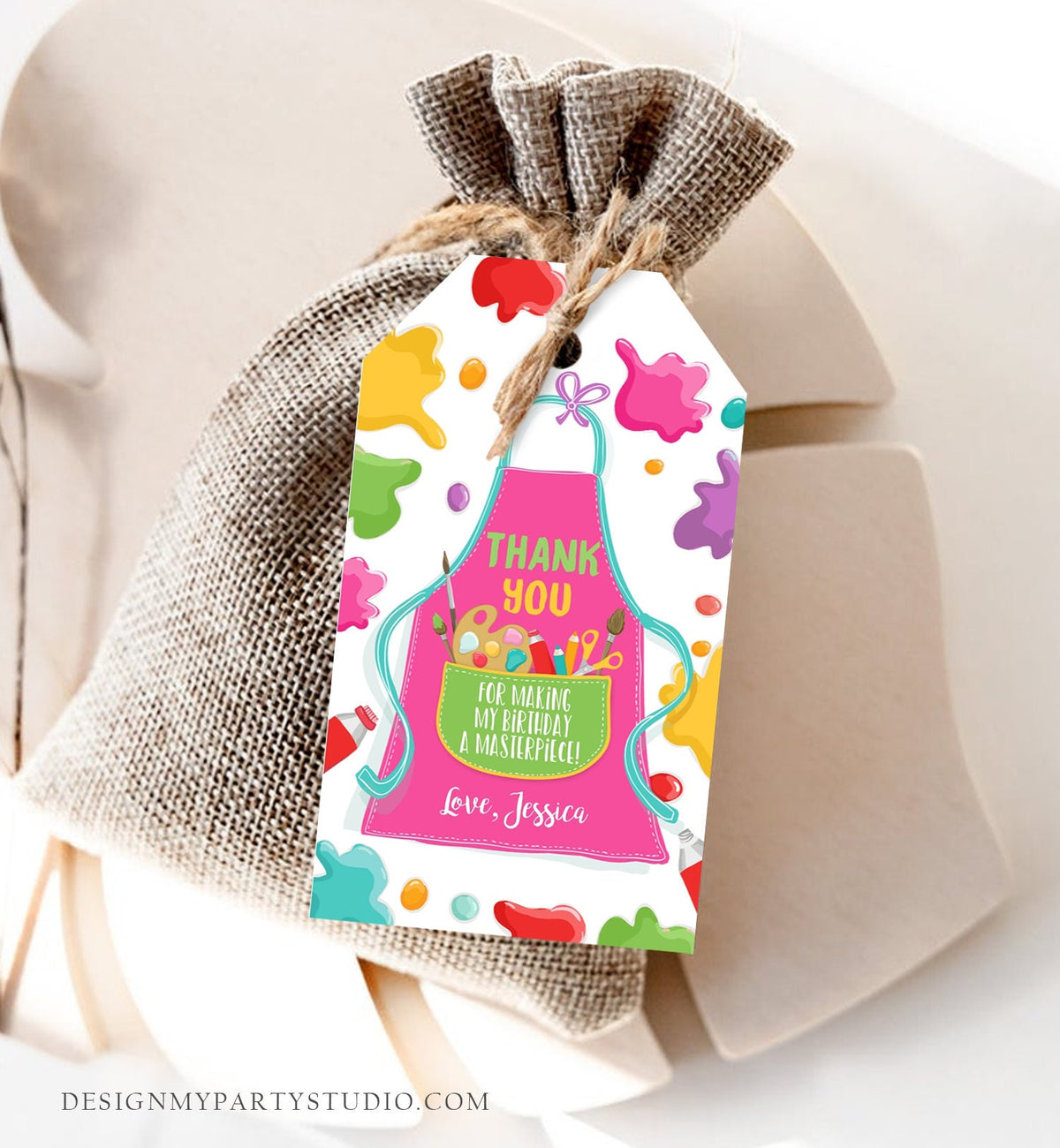 Editable Art Party Favor Tags Painting Party Thank You Tag Gift Tag Art Birthday Girl Pink Craft Paint Brush Corjl Template Printable 0319