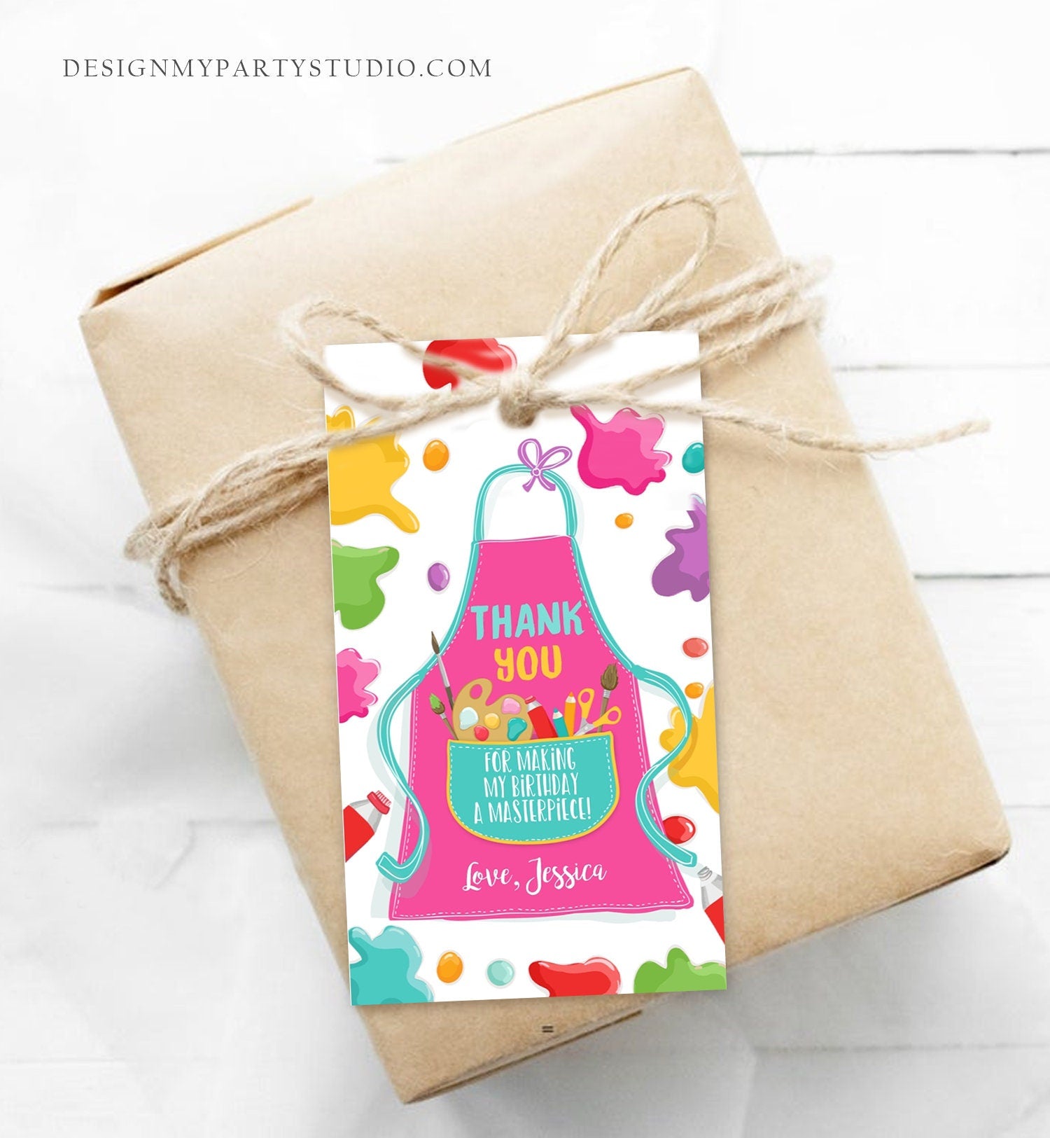 Editable Art Party Favor Tags Painting Party Thank You Tag Gift Tag Art Birthday Girl Pink Craft Paint Brush Corjl Template Printable 0319