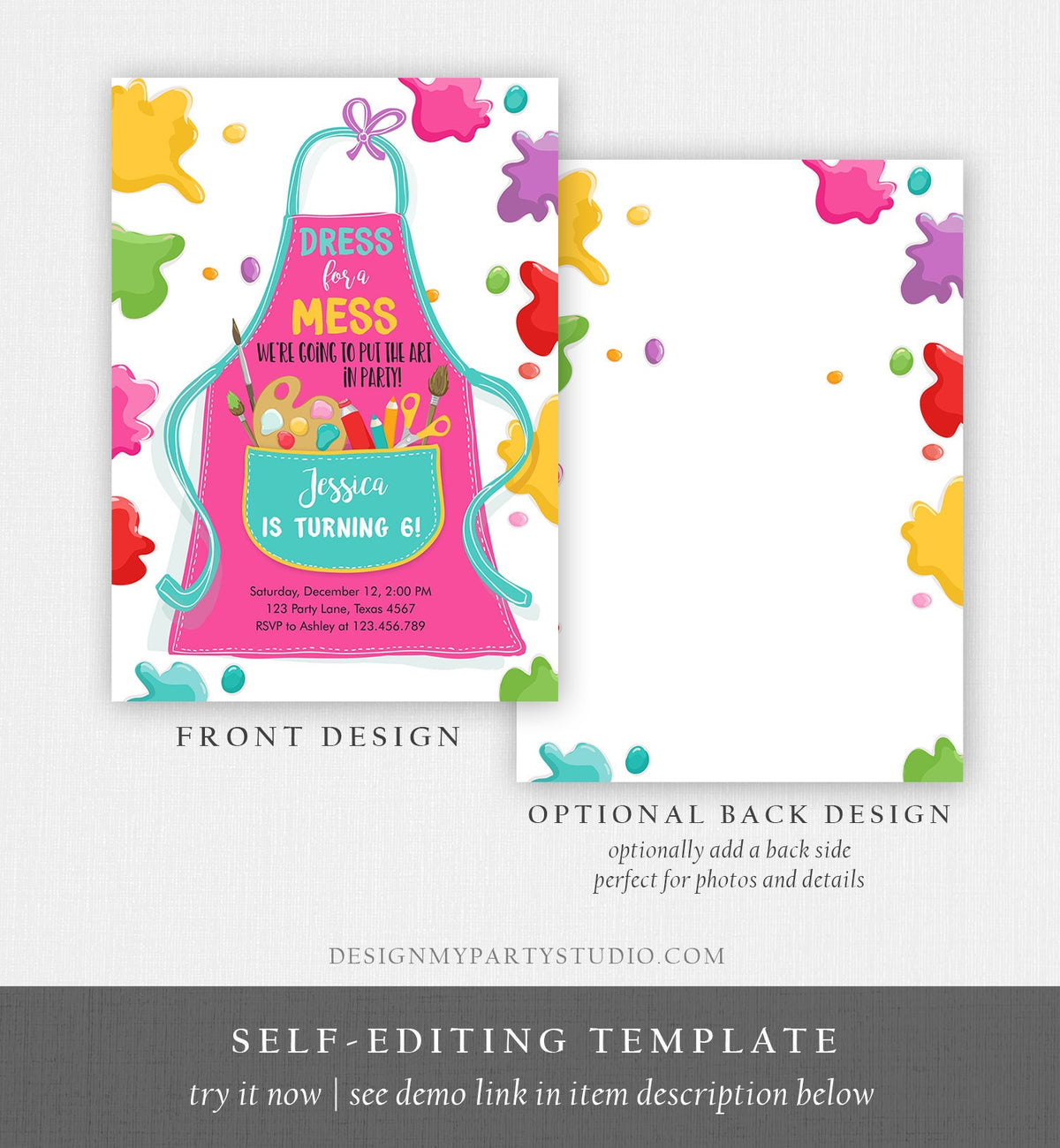 Editable Painting Party Invitation Art Party Birthday Dress for a Mess Girl Pink Paint Craft Digital Download Evite Template Printable 0319