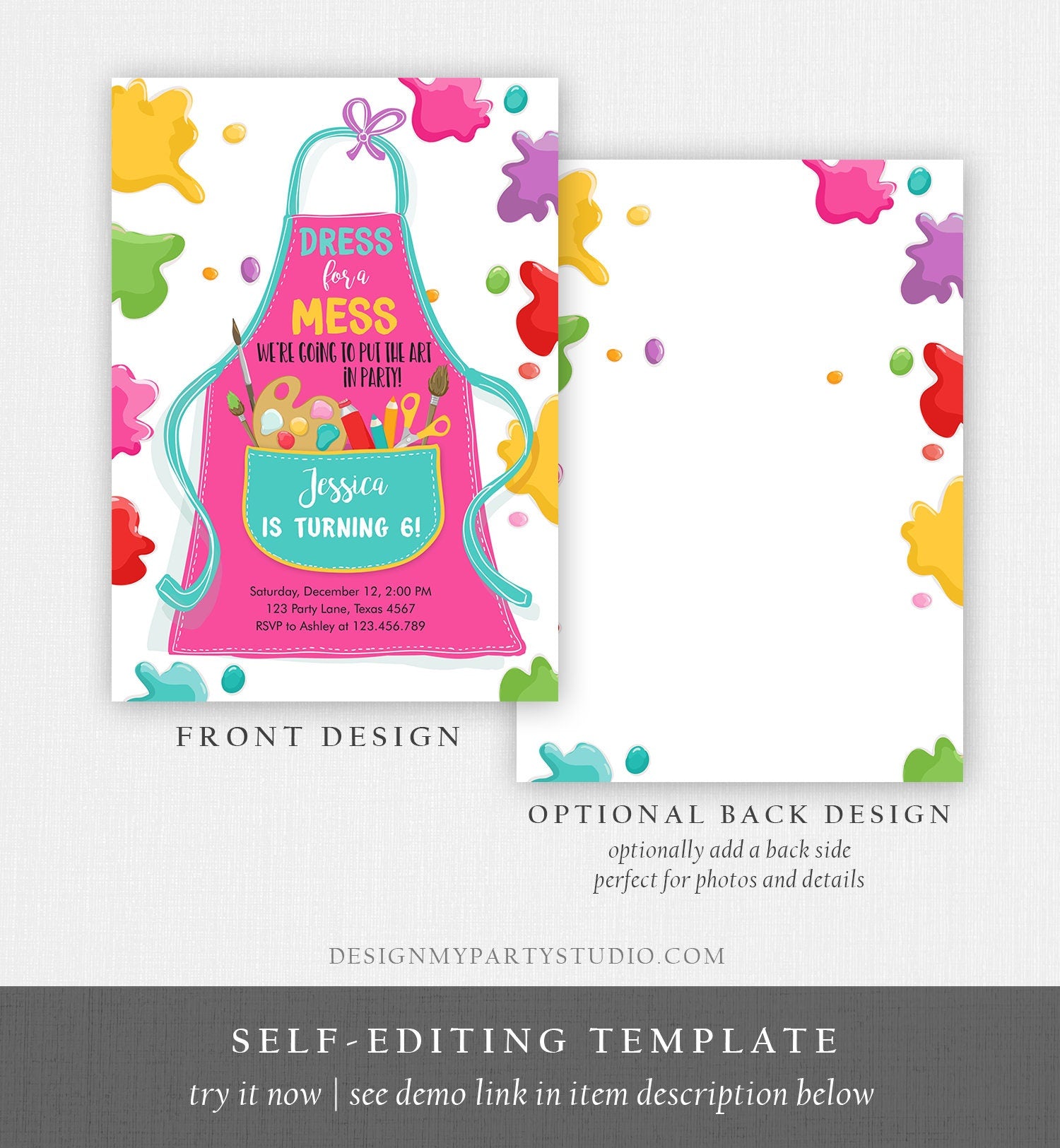 Editable Painting Party Invitation Art Party Birthday Dress for a Mess Girl Pink Paint Craft Digital Download Evite Template Printable 0319