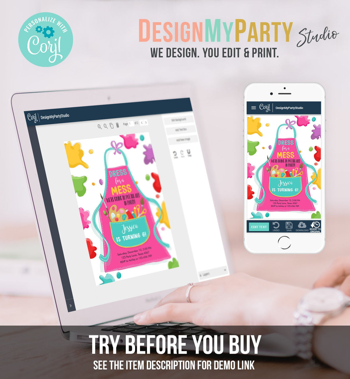 Editable Painting Party Invitation Art Party Birthday Dress for a Mess Girl Pink Paint Craft Digital Download Evite Template Printable 0319