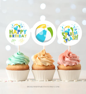 Pool Party Cupcake Toppers Favor Tags Boy Pool Birthday Party Decoration Summer Birthday Blue Green Splish Splash Download PRINTABLE 0169