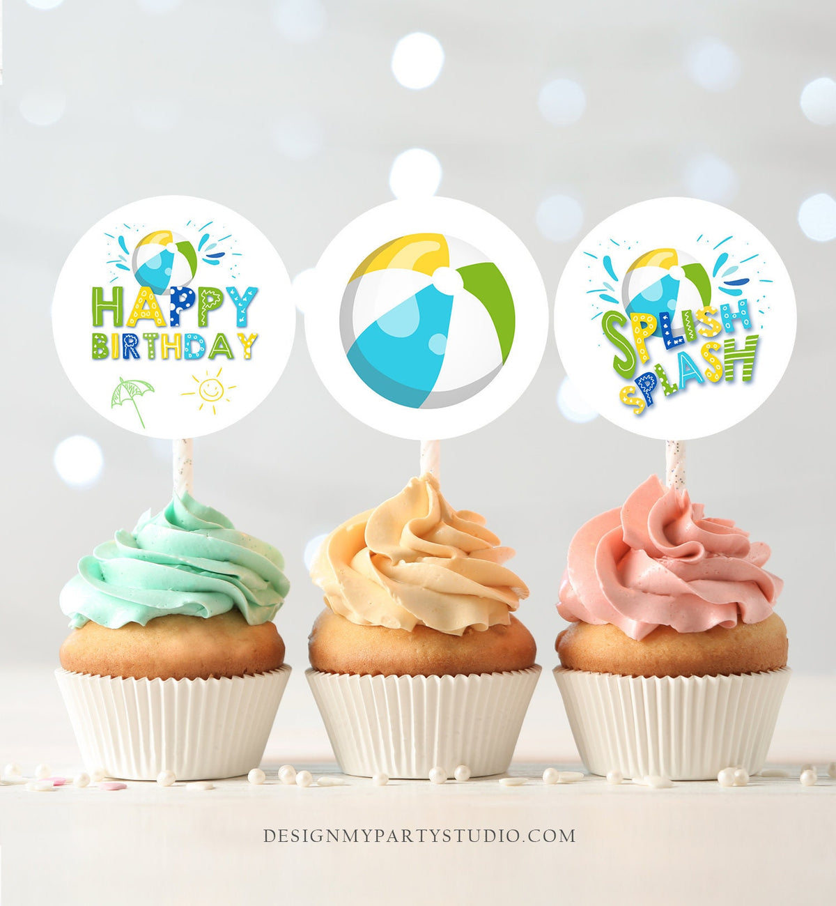 Pool Party Cupcake Toppers Favor Tags Boy Pool Birthday Party Decoration Summer Birthday Blue Splish Splash Digital Download Printable 0169