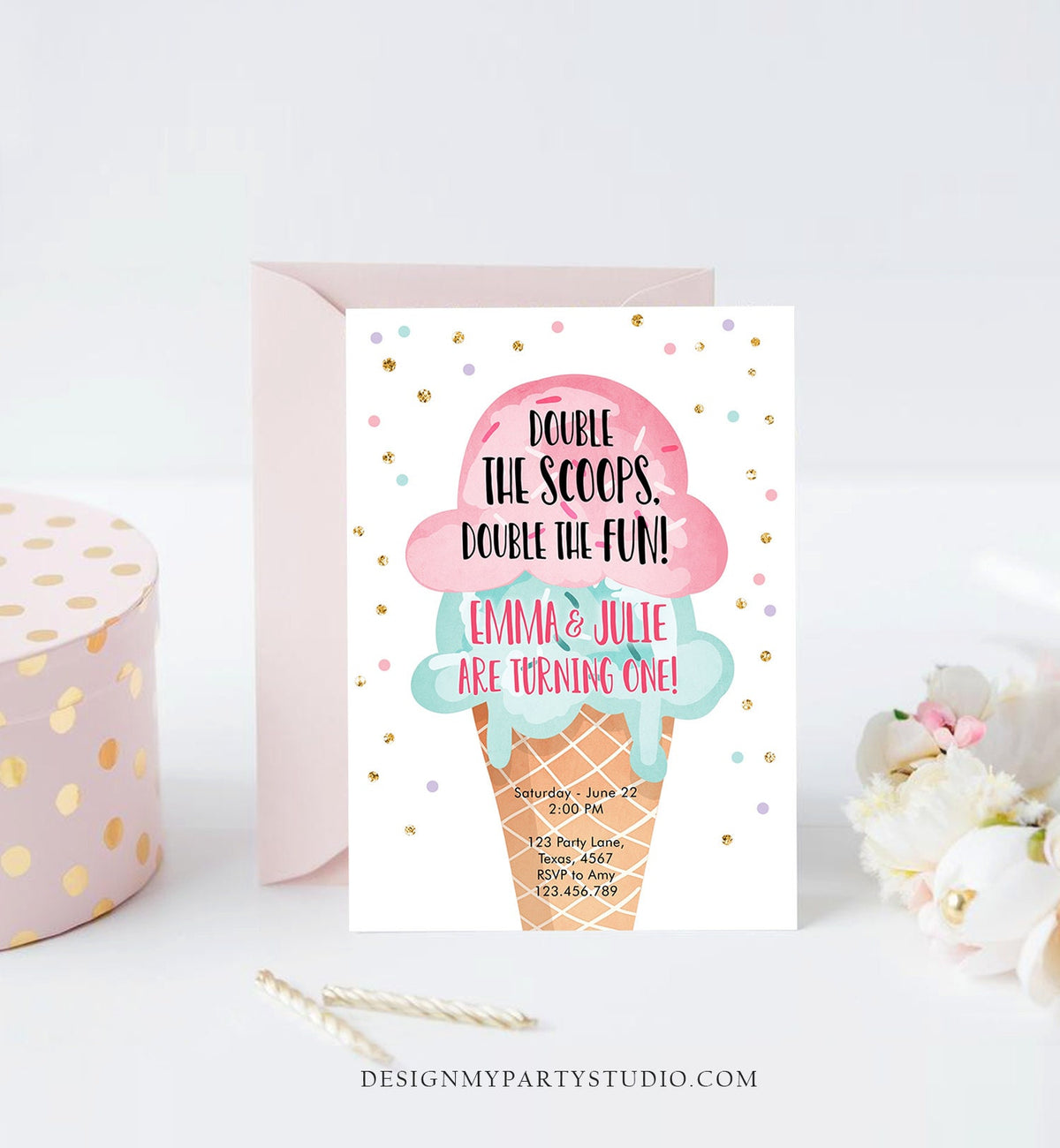 Editable Twin Ice Cream Birthday Invitation First Birthday Double the Scoops Double Fun Twins Pink Mint Gold Printable Template Corjl 0243