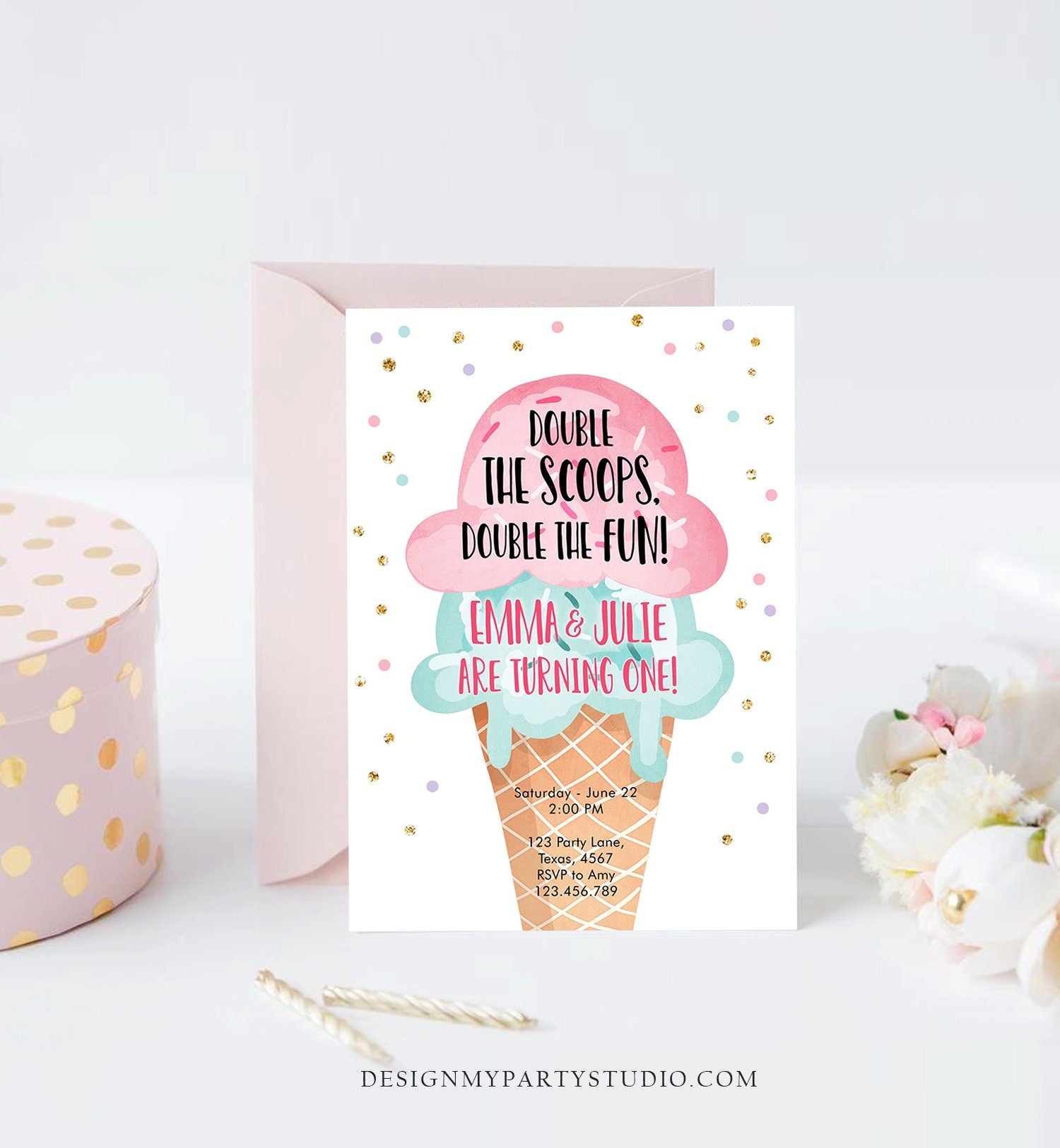 Editable Twin Ice Cream Birthday Invitation First Birthday Double the Scoops Double Fun Twins Pink Mint Gold Printable Template Corjl 0243