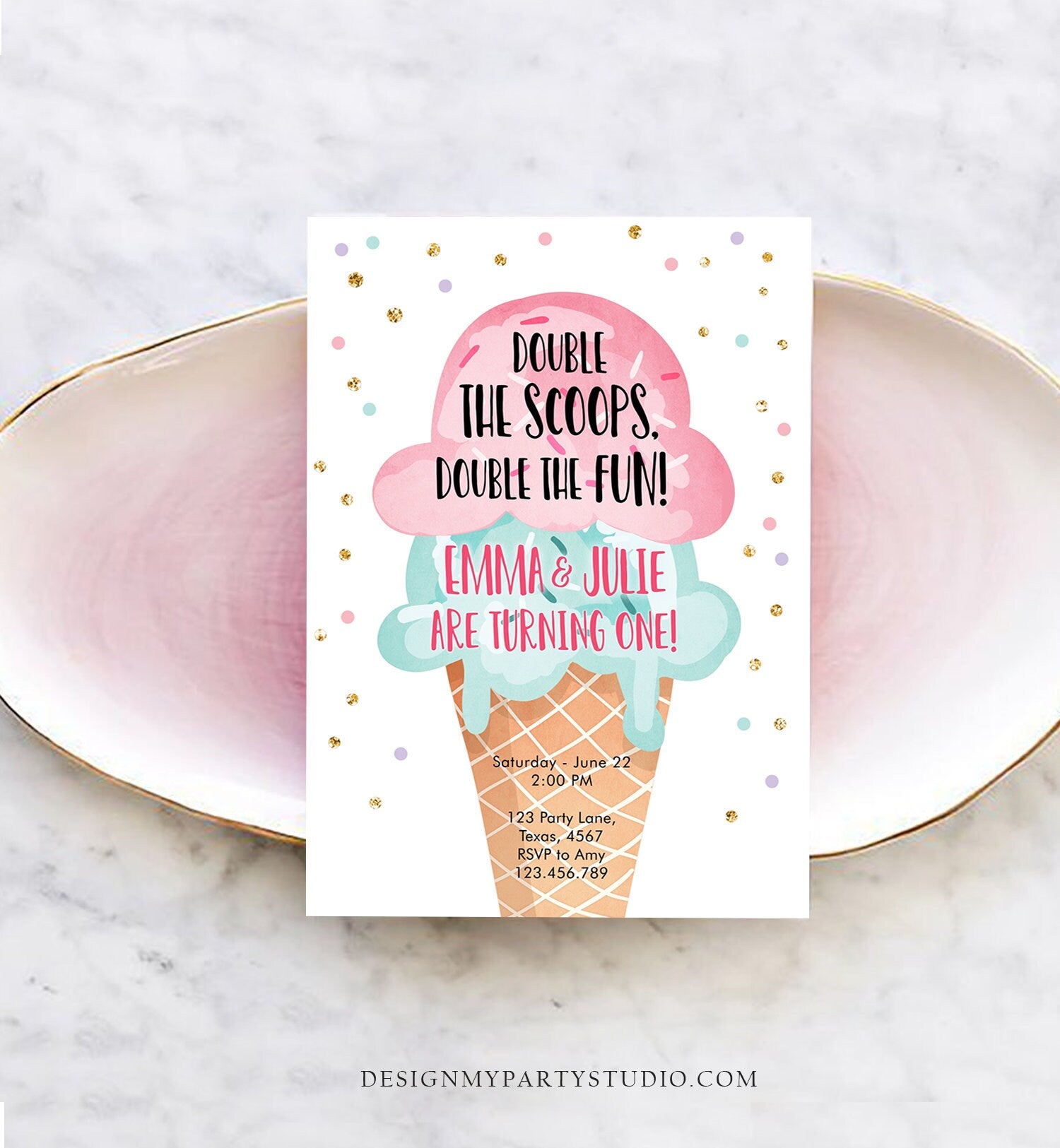 Editable Twin Ice Cream Birthday Invitation First Birthday Double the Scoops Double Fun Twins Pink Mint Gold Printable Template Corjl 0243