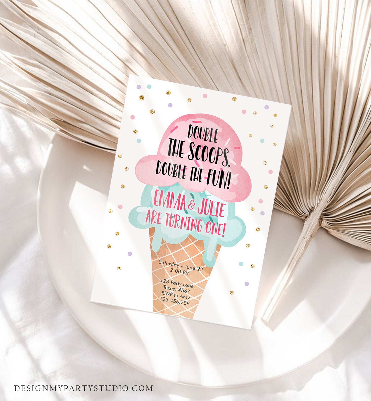 Editable Twin Ice Cream Birthday Invitation First Birthday Double the Scoops Double Fun Twins Pink Mint Gold Printable Template Corjl 0243