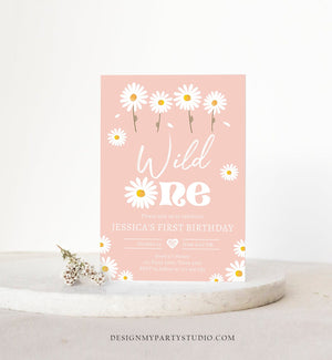 Editable Daisy Birthday Party Invitation Wild One Floral Girl Boho Pink First Birthday 1st Digital Download Template Corjl Printable 0410