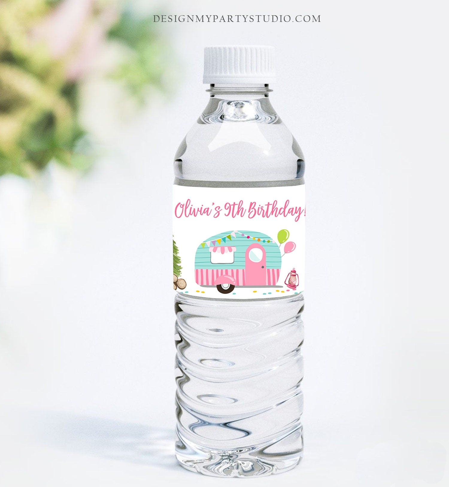 Editable Happy Camper Water Bottle Label Pink Camping Party Glamping Outdoor Girl Birthday Camper Download Corjl Template Printable 0342