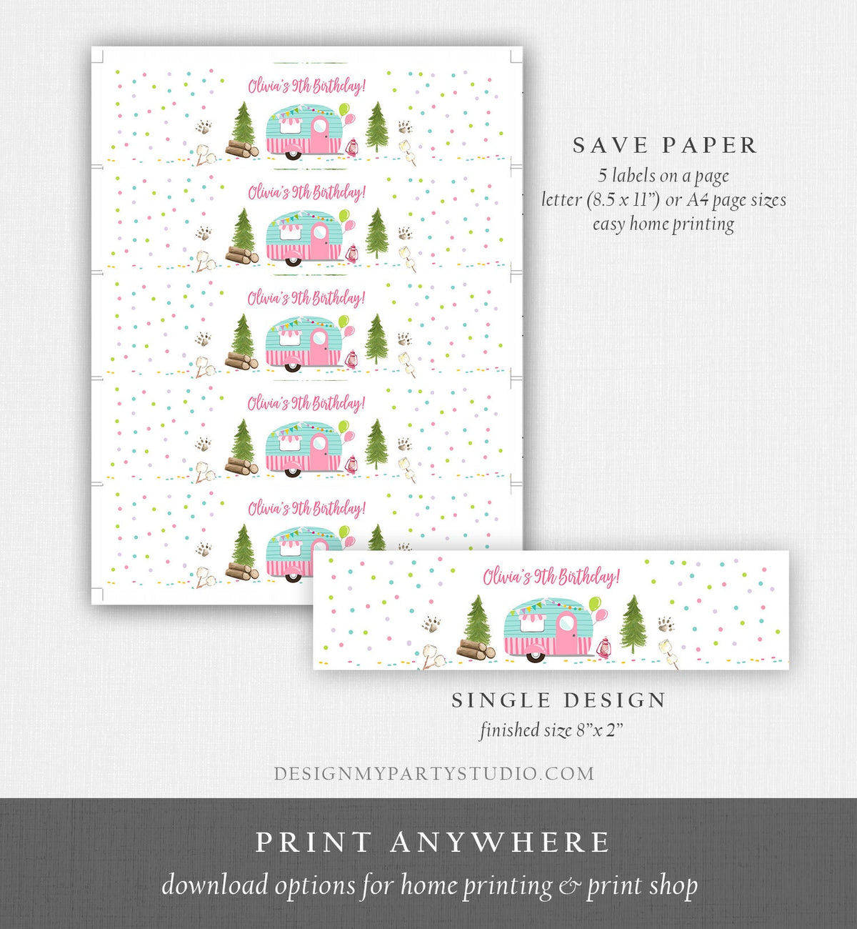 Editable Happy Camper Water Bottle Label Pink Camping Party Glamping Outdoor Girl Birthday Camper Download Corjl Template Printable 0342