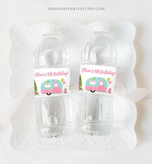 Editable Happy Camper Water Bottle Label Pink Camping Party Glamping Outdoor Girl Birthday Camper Download Corjl Template Printable 0342