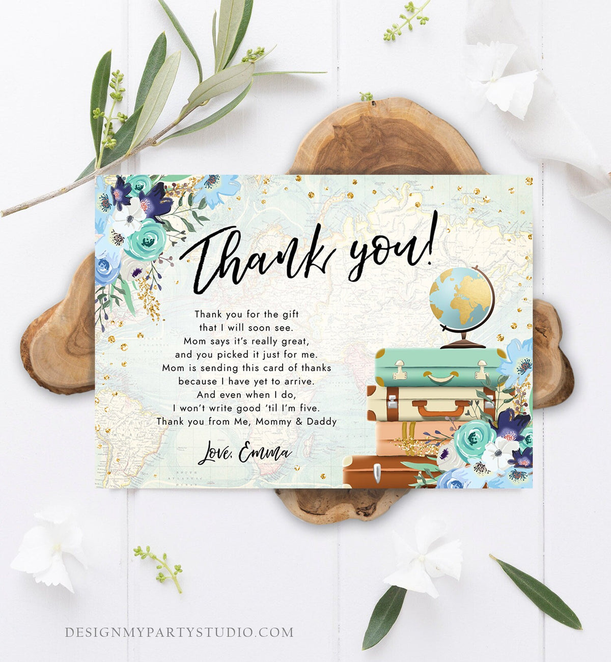 Editable Travel Thank You Card Bridal Shower Thank You Note Adventure Birthday Baby Shower Suitcases Blue Floral Map Template Printable 0030