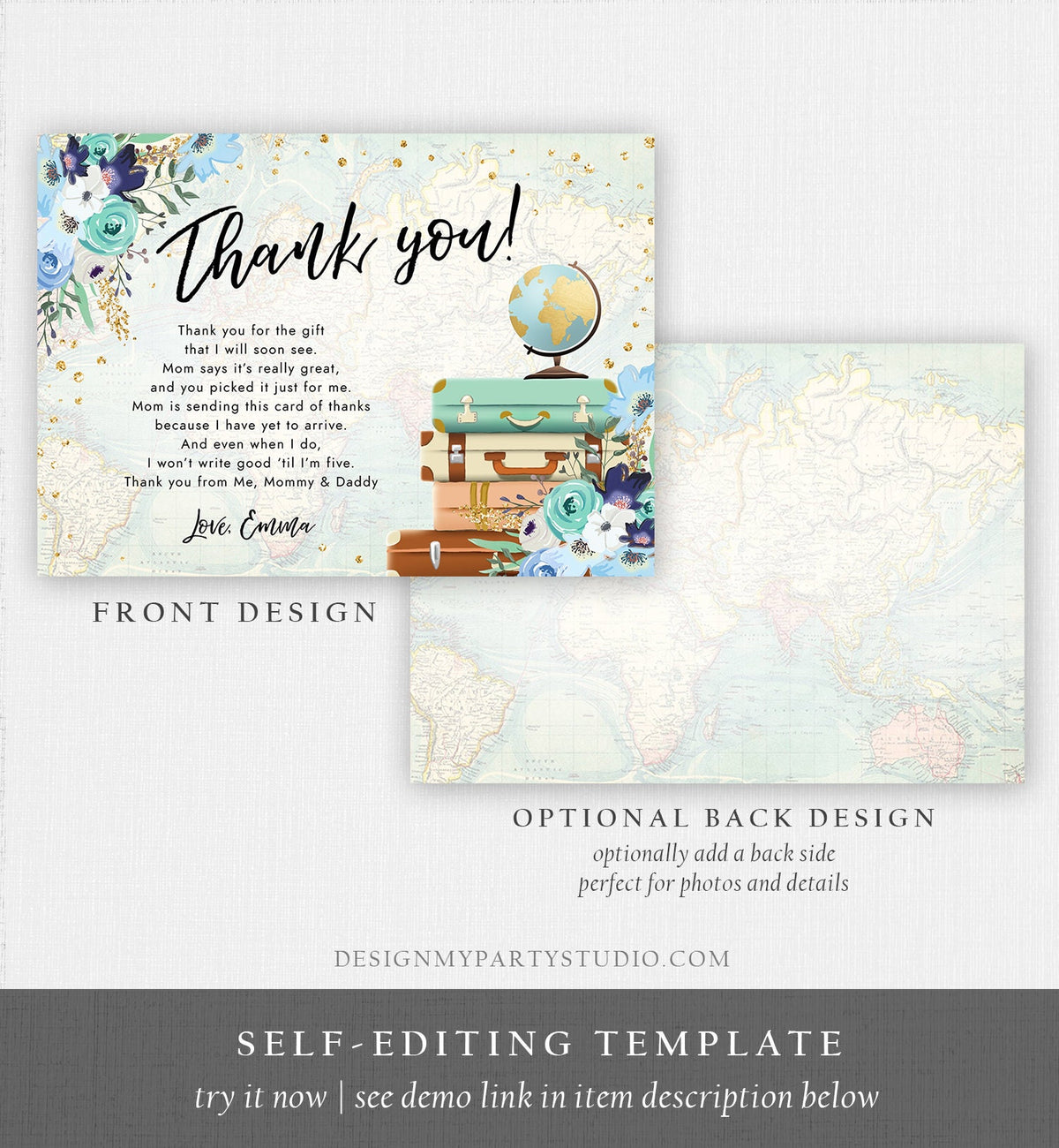 Editable Travel Thank You Card Bridal Shower Thank You Note Adventure Birthday Baby Shower Suitcases Blue Floral Map Template Printable 0030