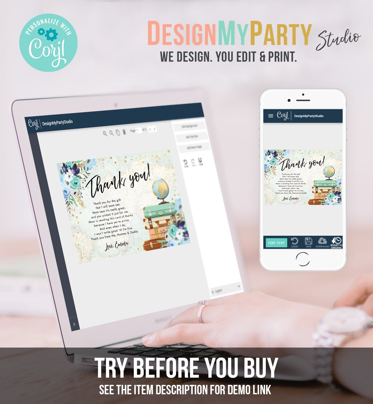 Editable Travel Thank You Card Bridal Shower Thank You Note Adventure Birthday Baby Shower Suitcases Blue Floral Map Template Printable 0030