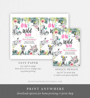 Editable One Wild Year Birthday Invitation Safari Party Animals Girl Pink First Birthday Wild One Monochrome Corjl Template Printable 0322