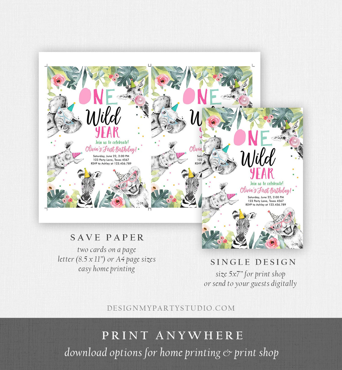 Editable One Wild Year Birthday Invitation Safari Party Animals Girl Pink First Birthday Wild One Monochrome Digital Template Printable 0322