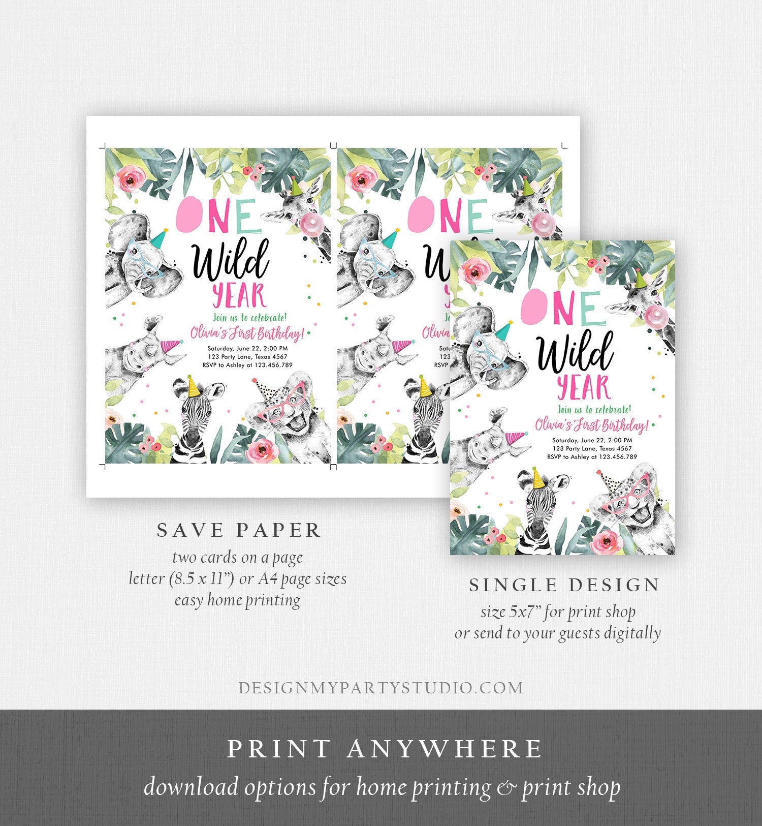 Editable One Wild Year Birthday Invitation Safari Party Animals Girl Pink First Birthday Wild One Monochrome Digital Template Printable 0322