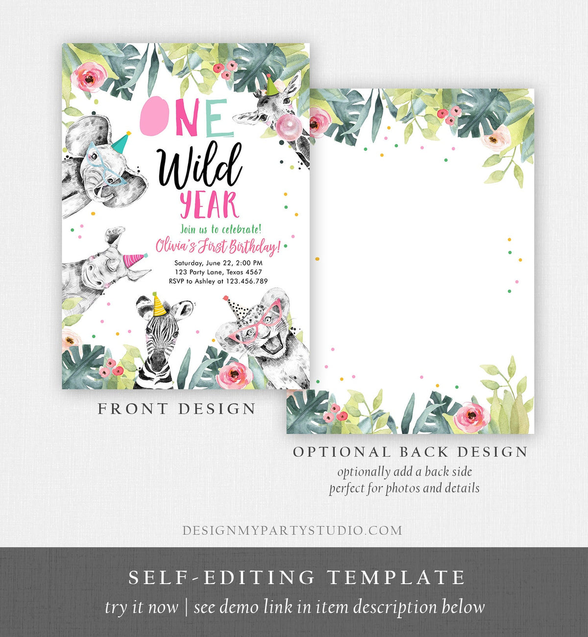 Editable One Wild Year Birthday Invitation Safari Party Animals Girl Pink First Birthday Wild One Monochrome Digital Template Printable 0322