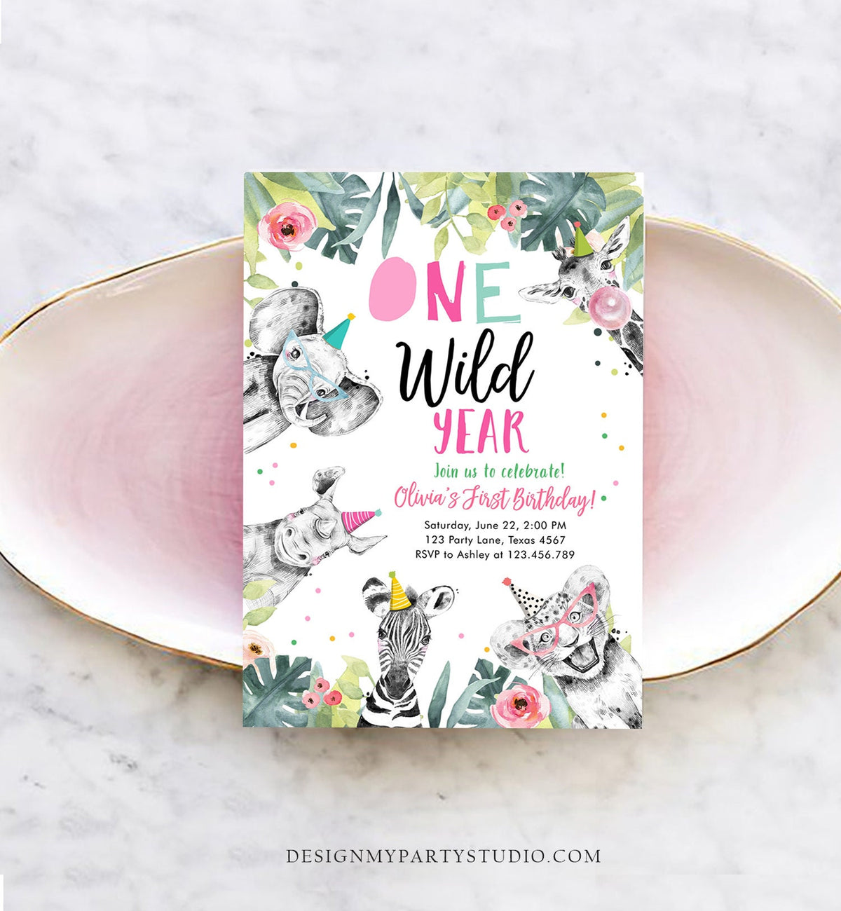 Editable One Wild Year Birthday Invitation Safari Party Animals Girl Pink First Birthday Wild One Monochrome Digital Template Printable 0322