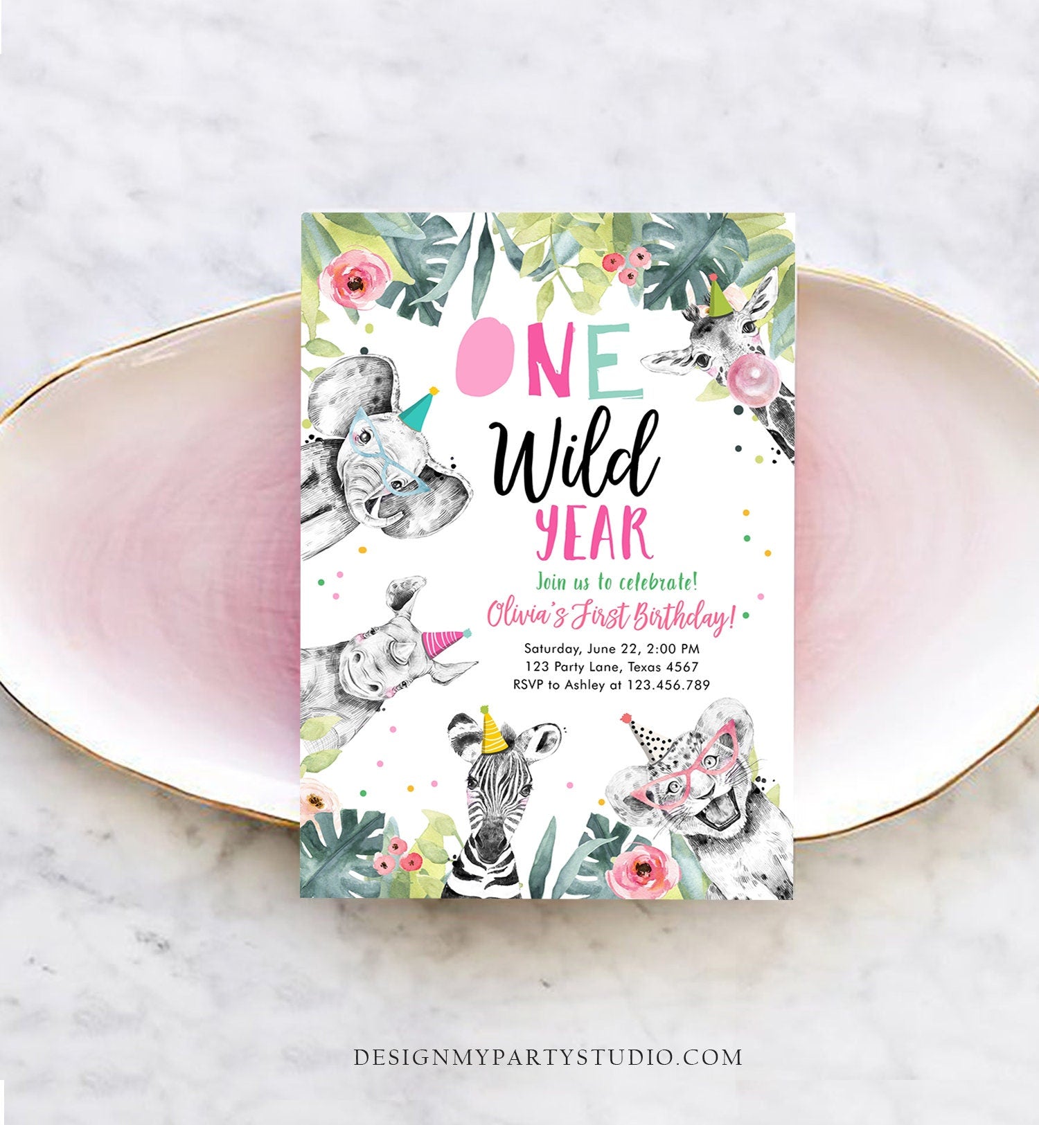 Editable One Wild Year Birthday Invitation Safari Party Animals Girl Pink First Birthday Wild One Monochrome Digital Template Printable 0322