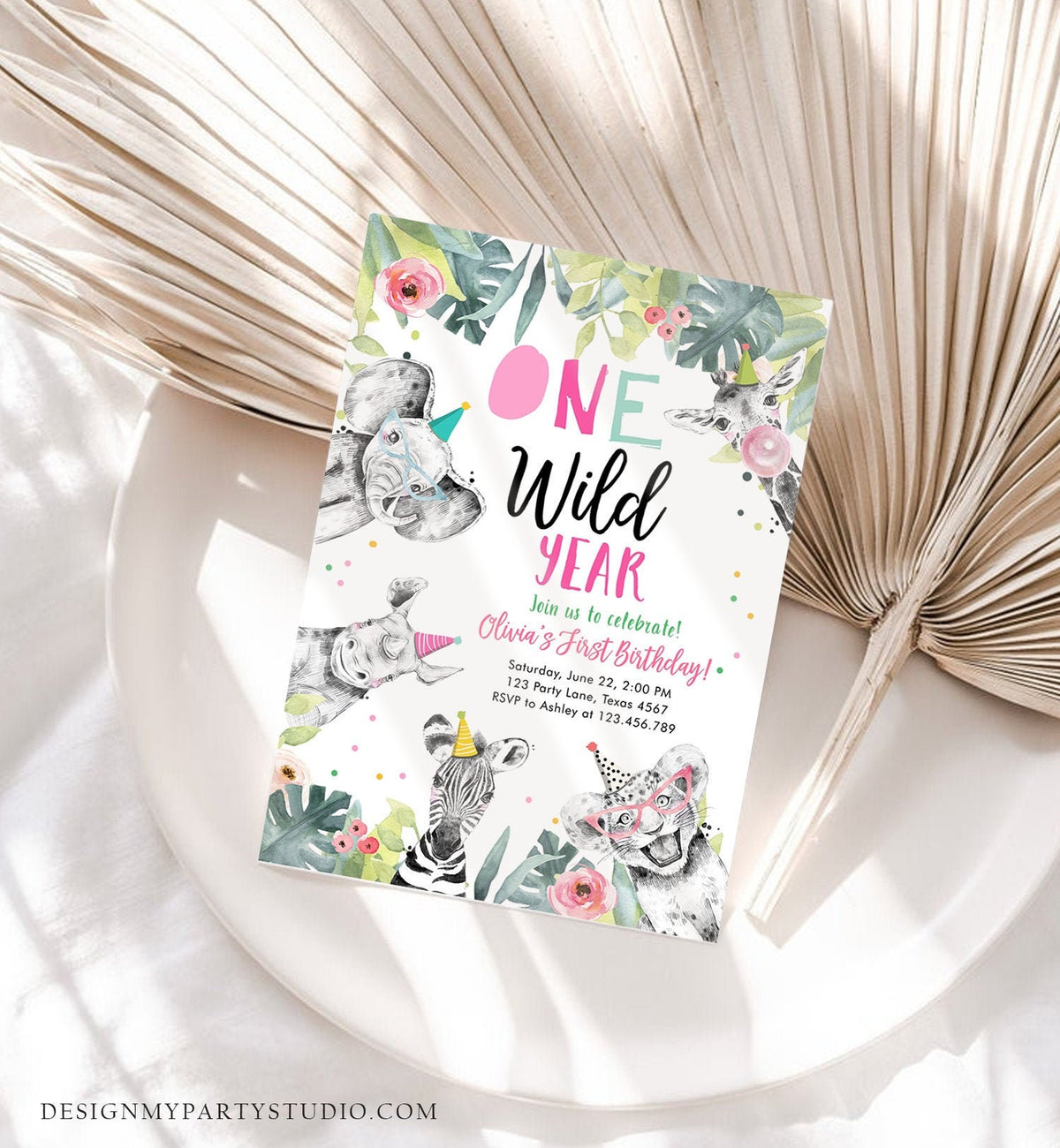 Editable One Wild Year Birthday Invitation Safari Party Animals Girl Pink First Birthday Wild One Monochrome Digital Template Printable 0322