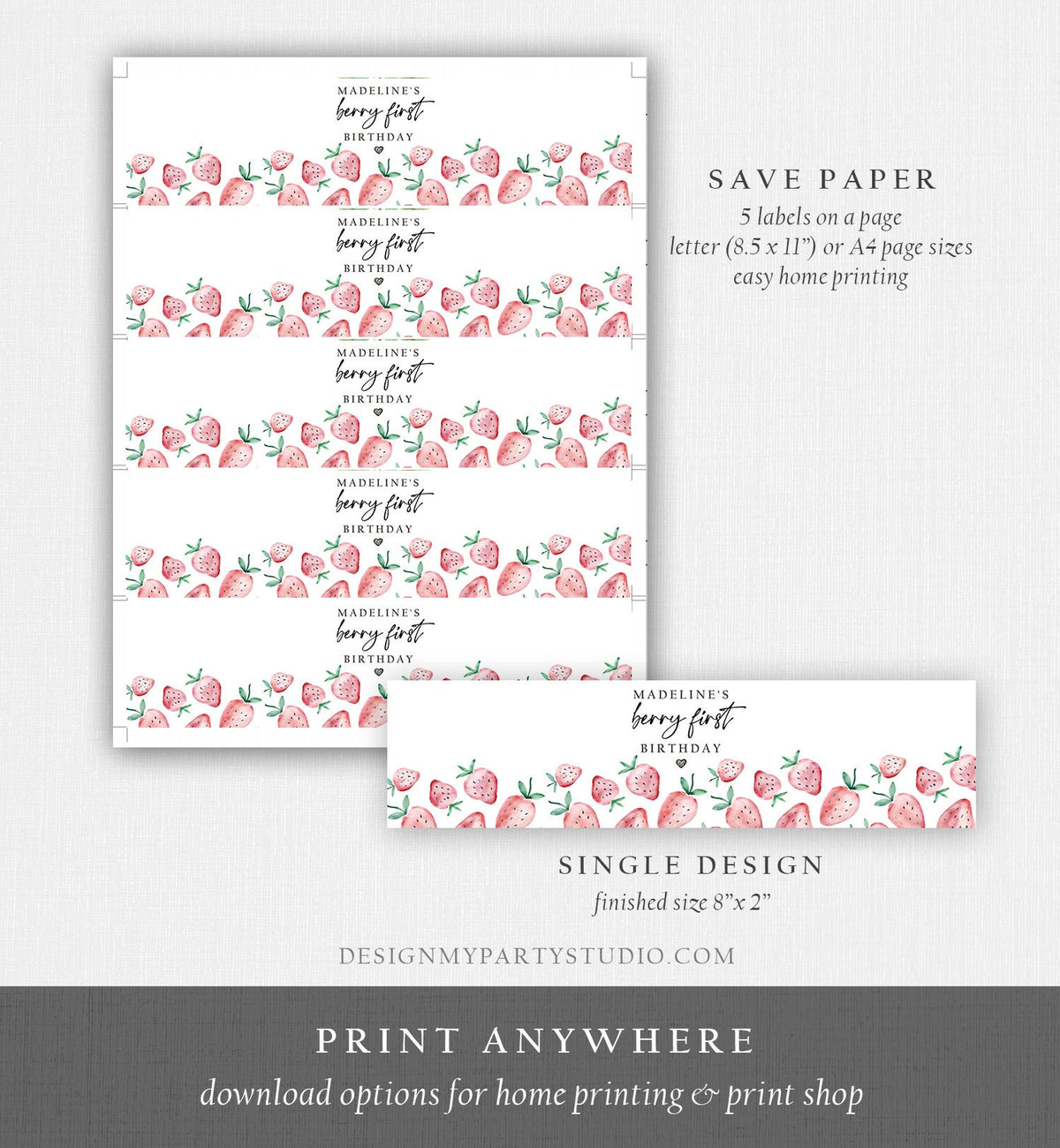 Editable Strawberry Water Bottle Label Strawberry Birthday Decor Berry Sweet 1st Birthday First Bottle Digital Template Printable 0399