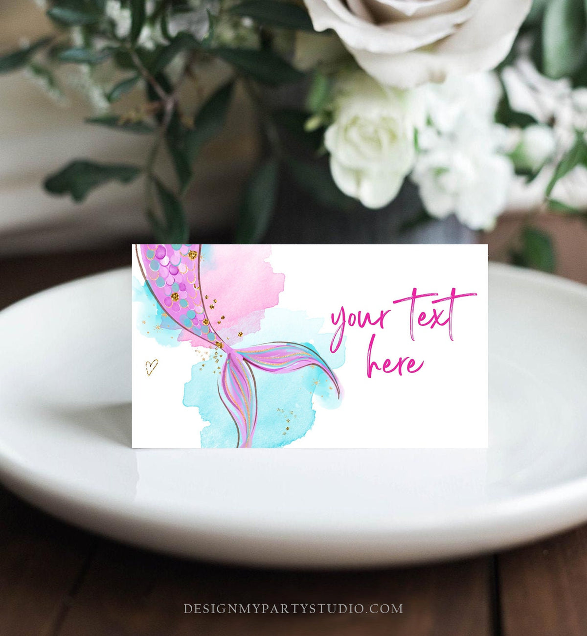 Editable Mermaid Food Labels Mermaid Birthday Place Card Tent Card Escort Card Girl Pink Gold Under The Sea Digital Template Printable 0403