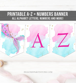 Mermaid Alphabet Banner Letters A to Z Numbers Mermaid Birthday Banner Girl Pink Gold Party Decor DIY Baby Shower Banner DIY Printable 0403