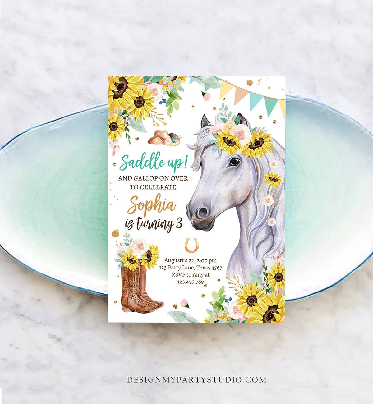 Editable Cowgirl Birthday Invitation Girl Saddle Up Watercolor Horse Horse Birthday Sunflowers Digital Download Template Printable 0408