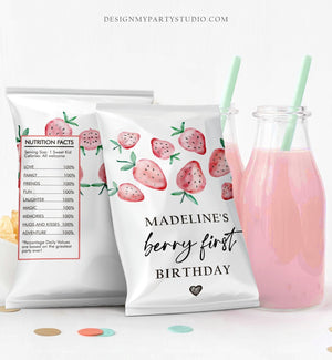 Editable Strawberry Chip Bag Berry First Birthday Party Decor Strawberry Party Berry Sweet Snack Favors Download Digital Corjl Template 0399