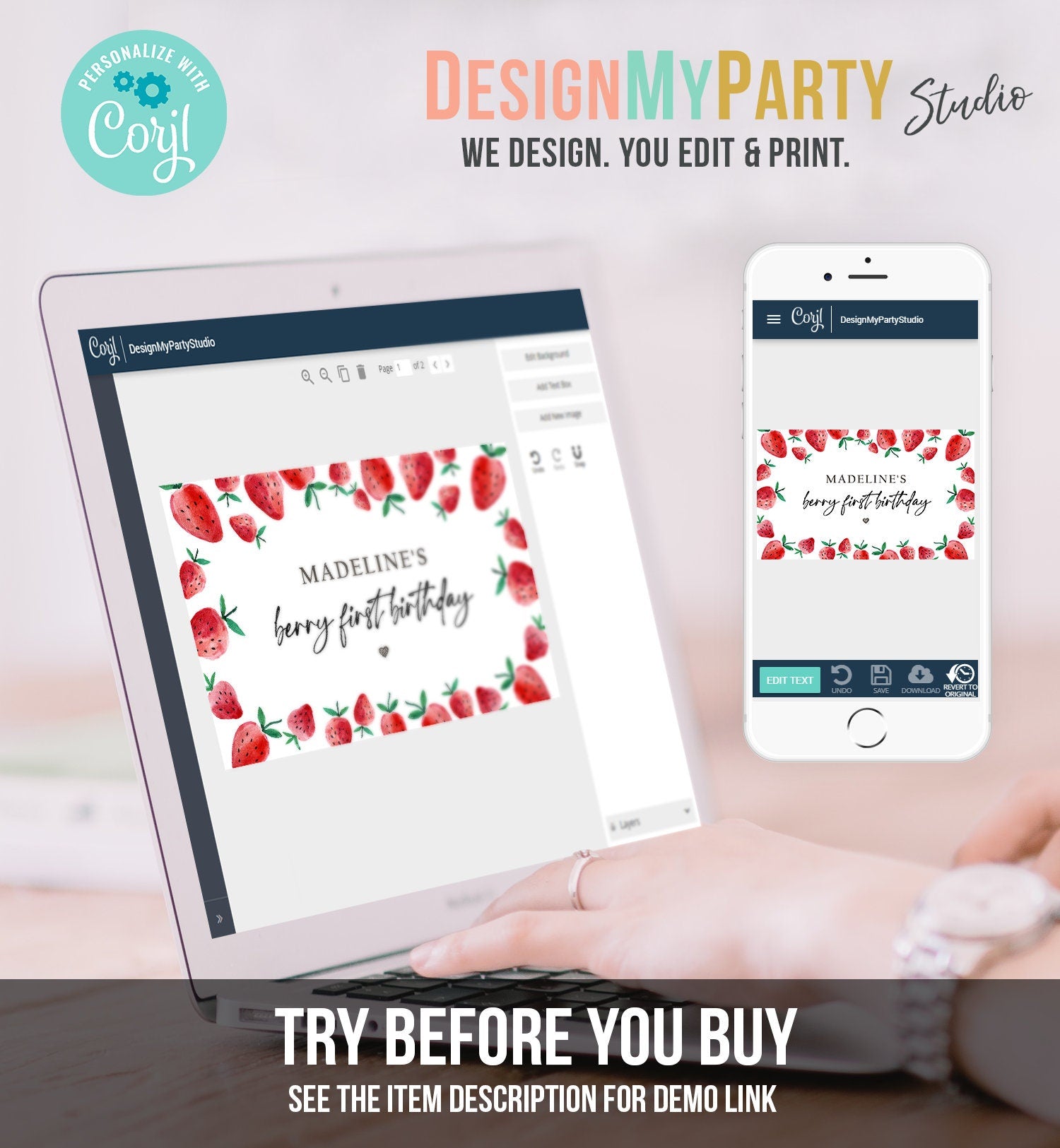 Editable Strawberry Backdrop Banner Strawberry Berry First Birthday Girl Strawberries Berry Sweet Digital Download Template Printable 0399