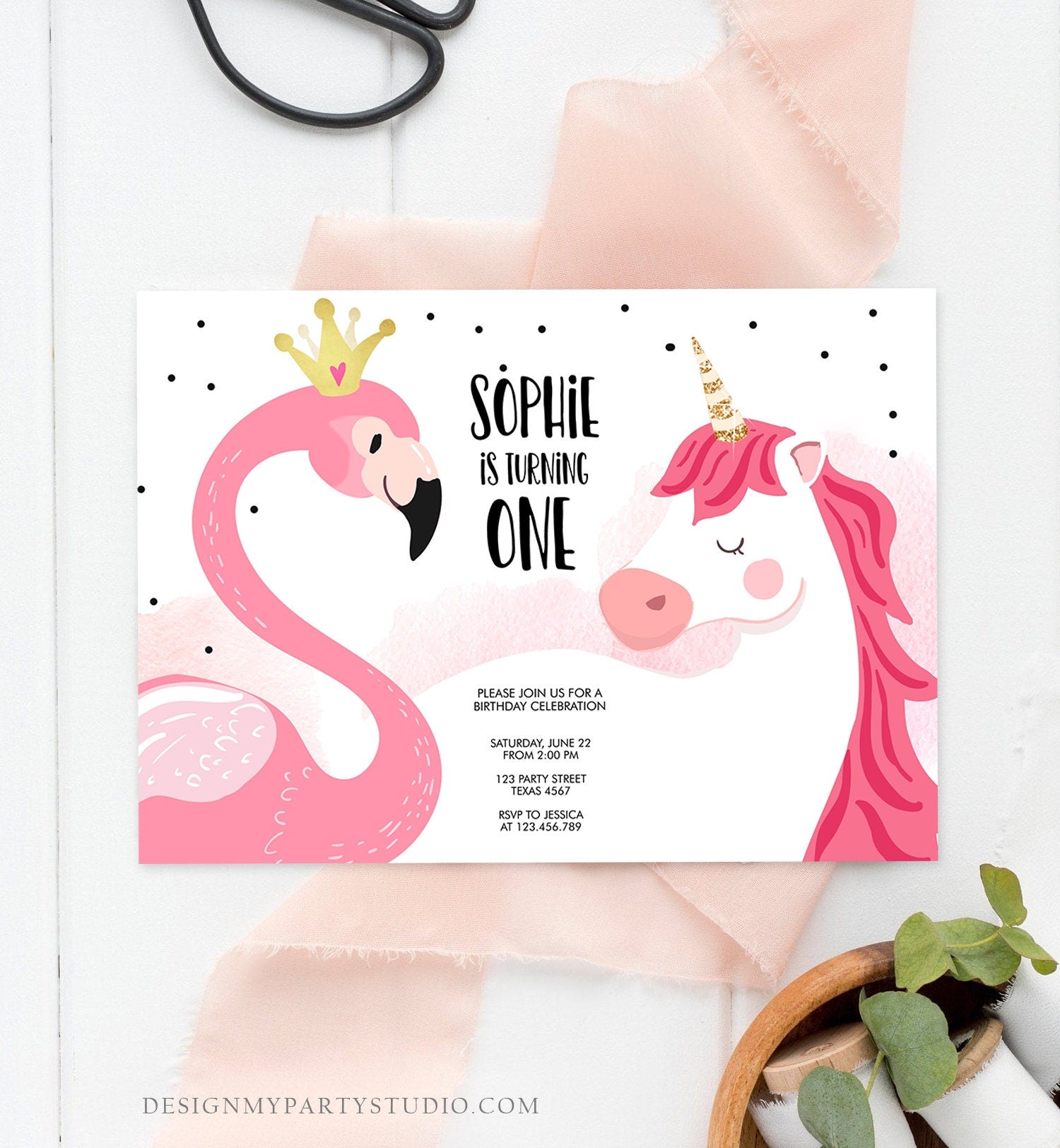 Editable Flamingo Unicorn Birthday Invitation Magical Party Invite Girl First Birthday Digital Invite Template Instant Download Corjl 0019