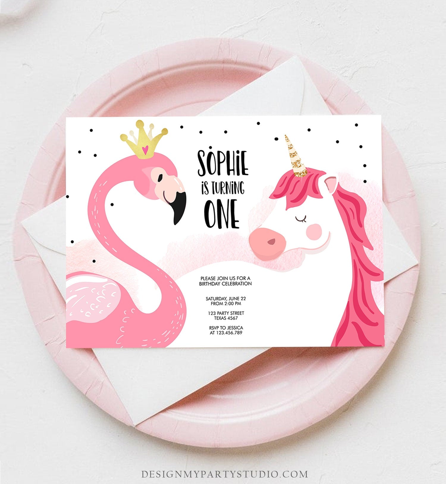 Editable Flamingo Unicorn Birthday Invitation Magical Party Invite Girl First Birthday Digital Invite Template Instant Download Corjl 0019
