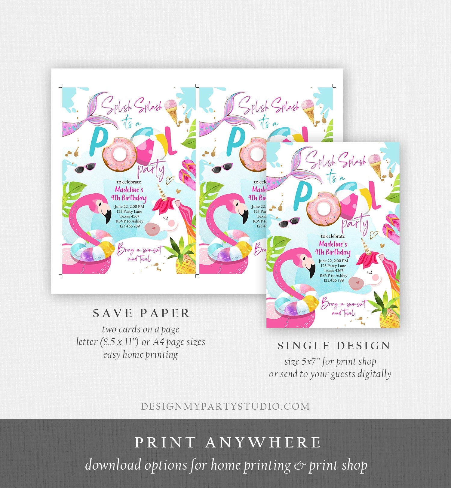 Editable Pool Party Invitation Pool Party Bash Invite Girl Pink Unicorn Float Flamingo Tropical Download Printable Template Corjl 0416